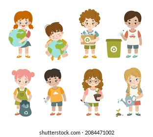 Set of diverse children take care of environment. Collection of friendly kids recycling, planting, clean up, holding planet.