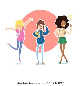 Set of diverse college or university girls with books. Different nationalities and dress styles. Cute and simple flat cartoon style. Ready study concept.