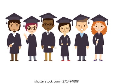Set of diverse college or university graduation students isolated on white background. Different nationalities and dress styles. Cute and simple flat cartoon style.