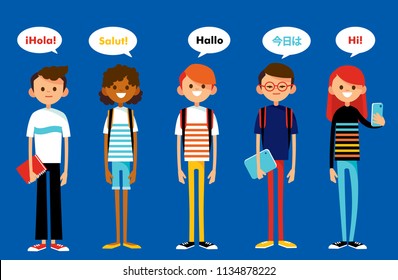 Set of diverse college or university students. Students different nationalities from different countries standing in line.