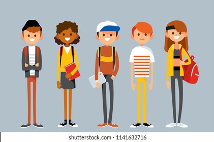 Set of diverse college or university students. Students different nationalities from different countries standing in line.  Vector illustration. Flat design.