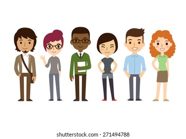 Set of diverse college or university students isolated on white background. Different nationalities and dress styles. Cute and simple flat cartoon style.