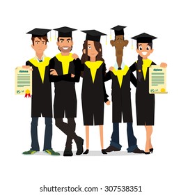 Set of diverse college or university students isolated on white background. Friends at the graduation. vector illustration.