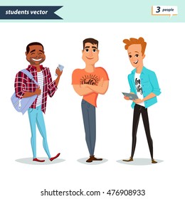 Set of diverse college or university students with gadgets,isolated on white background. Different nationalities and dress styles. Cute and simple flat cartoon style. Young guys. Students characters.