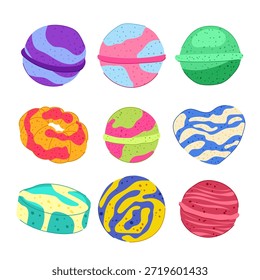 Conjunto de diversas bombas de baño de colores en varias Formas y patrones, ilustrando temas de relajación, belleza, higiene personal y tratamiento de spa para una experiencia de baño de lujo