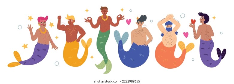 Set with diverse colorful funny mermen, hand drawn vector illustration in flat style