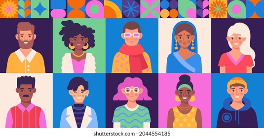 Conjunto de comunidades diversas con personajes masculinos y femeninos con antecedentes coloridos. Colorida colección con jóvenes o equipo de negocios con ropa de moda. Ilustración vectorial de dibujos animados planos