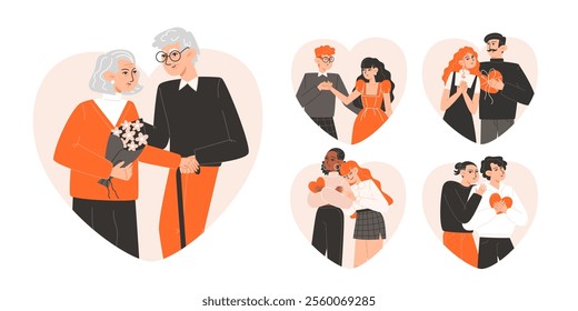 Set of Diverse Couples Celebrating Valentine's Day