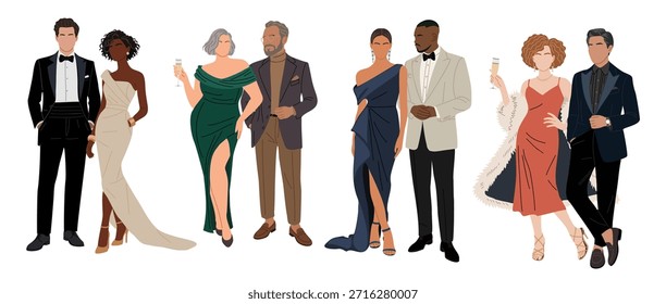 Set of diverse couples wearing elegant formal gowns and tuxedos for event, party, Christmas eve. Modern vector illustration isolated on a white background