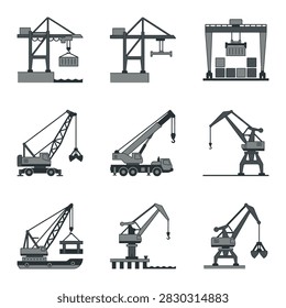 A set of diverse crane illustrations including gantry cranes, mobile cranes, and dockside cranes