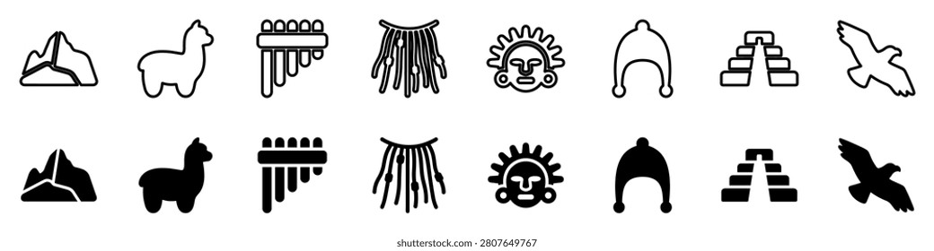 A set of diverse cultural symbols representing Andean heritage, including mountains, llamas, musical instruments, and ancient artifacts