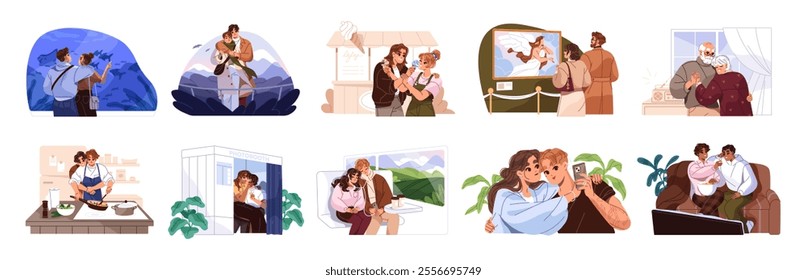 Set of diverse cute couples are on romantic date. Happy homosexual, interracial, young, old beloveds spend time together. Lovers have fun, hug, kiss, love. Flat isolated vector illustrations on white