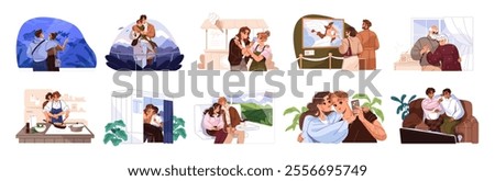 Set of diverse cute couples are on romantic date. Happy homosexual, interracial, young, old beloveds spend time together. Lovers have fun, hug, kiss, love. Flat isolated vector illustrations on white