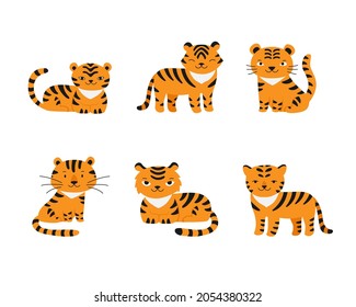 Set of diverse cute little tiger characters. Vector flat style. For children decor, nursery design, banner, emblem, pattern