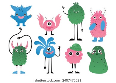 Set with diverse cute monster creatures with adorable and cute eyes. Hand drawn vector illustrations