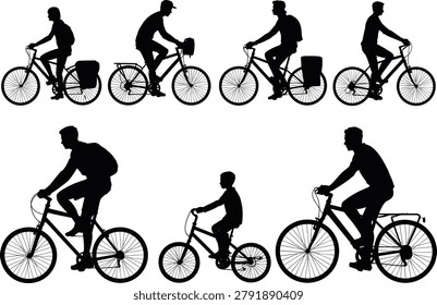 Set of diverse cyclist silhouettes featuring men women and children riding bicycles with panniers for commuting and touring travel
