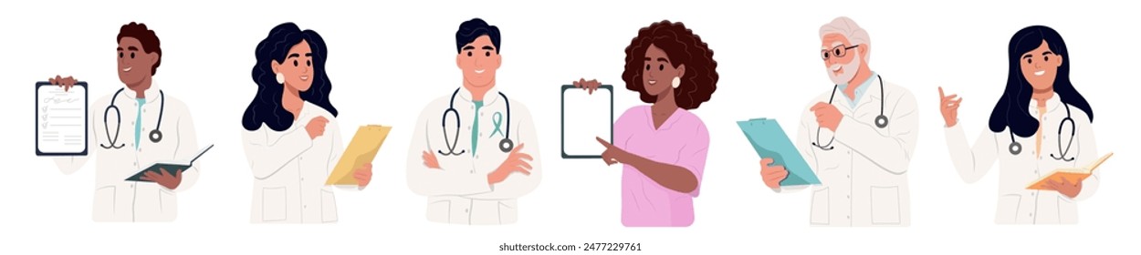 Set of diverse doctors characters. Illustrations in cartoon style.