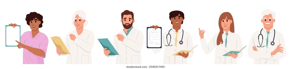 Set of diverse doctors characters. Illustrations in cartoon style.