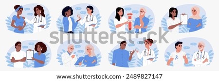 Set of diverse doctors characters. Doctors and patients of different races and ages. Male and female doctors talking to patients during consultation. Illustrations in cartoon style.