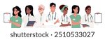Set of diverse doctors characters. Team of doctors, group medical portrait. Male and female medical workers - doctors, physicians, paramedics, nurses isolated on white background.