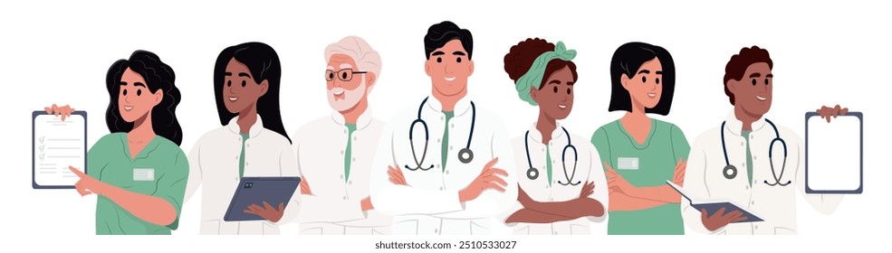 Conjunto de diversos personajes médicos. Equipo de doctores, retrato médico grupal. Trabajadores médicos masculinos y femeninos: médicos, médicos, paramédicos, enfermeras aisladas sobre fondo blanco.