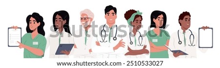 Set of diverse doctors characters. Team of doctors, group medical portrait. Male and female medical workers - doctors, physicians, paramedics, nurses isolated on white background.