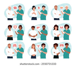 Set of diverse doctors and patients characters. Male and female doctors talking to patients during consultation. Illustrations in cartoon style.