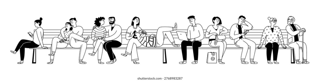 Set of diverse doodles of people sitting on a bench. Adults, young people, and seniors. Gadgets, communication, and relaxation. Vector line art illustration