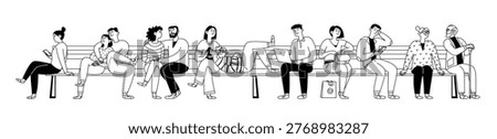 Set of diverse doodles of people sitting on a bench. Adults, young people, and seniors. Gadgets, communication, and relaxation. Vector line art illustration