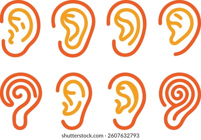 A set of diverse ear illustrations, depicted in an orange outline style against a plain white background.