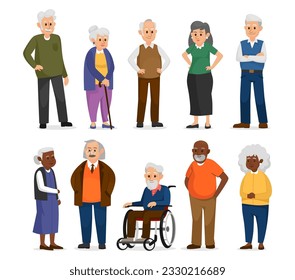 Conjunto de íconos de personas mayores diversas aislados en fondo blanco. Colección vectorial de dibujos animados de hombres y mujeres mayores con caras felices. Concepto de atención a adultos mayores con discapacidad.