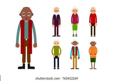 Set of diverse elderly people isolated on white background. Aged people caucasian and african. Elderly men and women. Illustration in flat style
