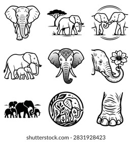 A set of diverse elephant illustrations including family groups, single elephants, and decorative designs.