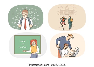 Set of diverse excited small children go to school in September. Collection of smiling little kids enjoy studying learning with teachers. Education and lessons concept. Vector illustration. 