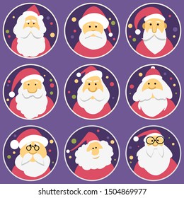 Set of diverse faces of Santa Clauses, set of icons. Christmas and New Year.
