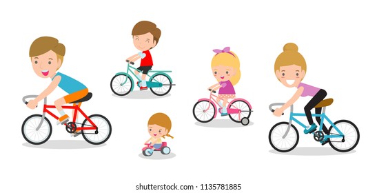 Set Of Diverse Family Riding Bikes Isolated On White Background. Happy Family Riding Bikes Isolated On White Background, Sports Family Vector Illustration