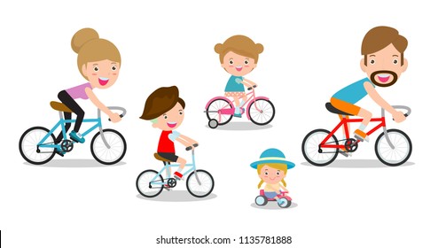 Set Of Diverse Family Riding Bikes Isolated On White Background. Happy Family Riding Bikes Isolated On White Background, Sports Family Vector Illustration