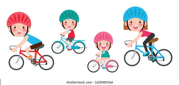 Set Of Diverse Family Riding Bikes Isolated On White Background. Happy Family Riding Bikes, Sports Family Concept Vector Illustration Isolated On White Background