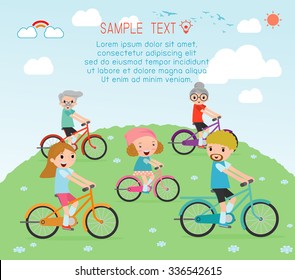 Set Of Diverse  Family Riding Bikes, Happy Family Riding Bikes , Family Biking Together, People Character Cartoon Concept. Sports Family. Family Riding Bikes, Vector Illustration