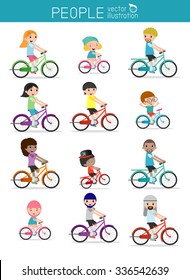 Set Of Diverse  Family Riding Bikes Isolated On White Background.  Different Nationalities And Dress Styles. Happy Family Riding Bikes Isolated On White Background , Sports Family.