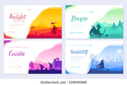 Set of diverse fantasy worlds. Fantasy creatures from old myths and fairy tales. Template of flyear, web banner, ui header, enter site. Invitation concept background. Layout modern slider 
