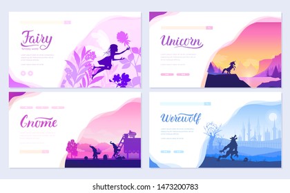 Set of diverse fantasy worlds. Fantasy creatures from old myths and fairy tales. Template of flyear, web banner, ui header, enter site. Invitation concept background. Layout modern slider 