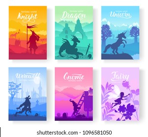 Set of diverse fantasy worlds illustration. Fantasy creatures from old myths and fairy tales. Template of magazines, poster, book cover, banners. Landscape invitation concept