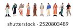 Set of diverse fashion men with accessories. Row of people wearing stylish outfits. Guys in trendy clothes with bags, caps. Male street vogue. Flat isolated vector illustrations on white background