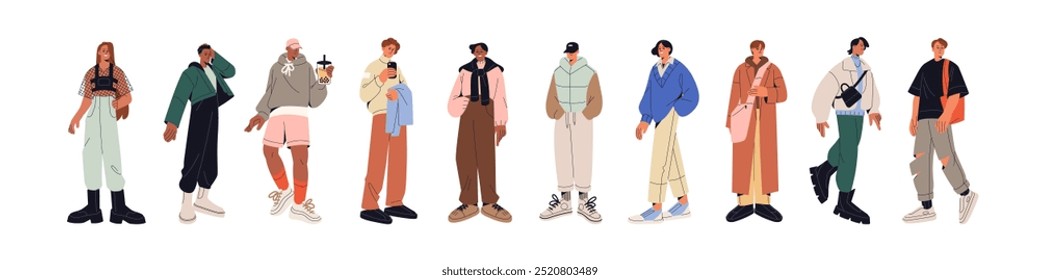 Set of diverse fashion men with accessories. Row of people wearing stylish outfits. Guys in trendy clothes with bags, caps. Male street vogue. Flat isolated vector illustrations on white background