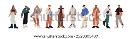 Set of diverse fashion men with accessories. Row of people wearing stylish outfits. Guys in trendy clothes with bags, caps. Male street vogue. Flat isolated vector illustrations on white background