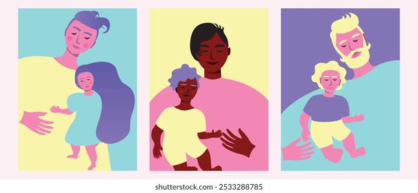 Set with diverse fathers with children as parenthood concept, premium flat vector stock illustration