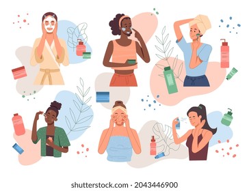 Set of diverse female characters are applying cleansing and skincare products on white background. Concept of everyday skin care routine with cleanser and moisturizer. Flat cartoon vector illustration