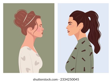 Set of diverse female face portraits of different ethnicity, hairstyles and ages. diversity. Women's empowerment movement. Vector flat illustration, banner or poster. Avatars for social networks.