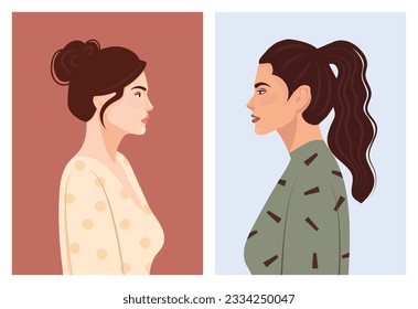 Set of diverse female face portraits of different ethnicity, hairstyles and ages. diversity. Women's empowerment movement. Vector flat illustration, banner or poster. Avatars for social networks.